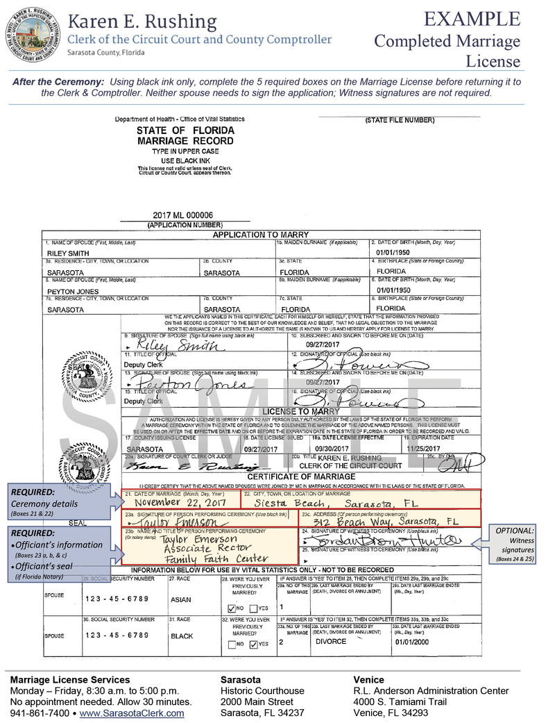 Sample marriage license Florida Sarasota County