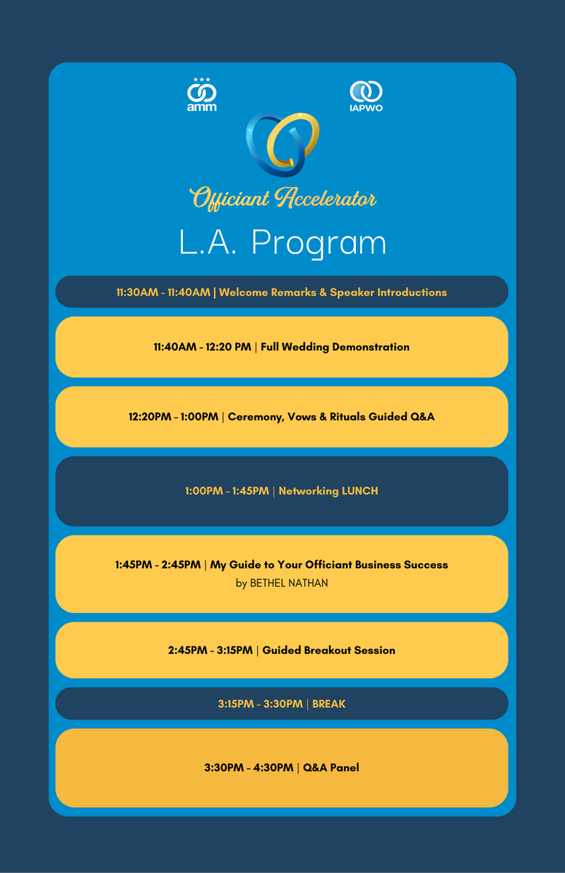 itinerary graphic for the 2026 Officiant Accelerator LA stop