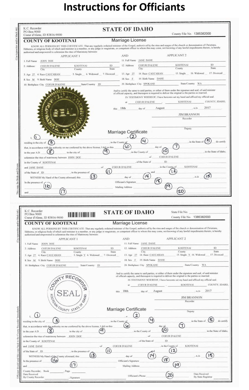 sample Idaho marriage certificate / license