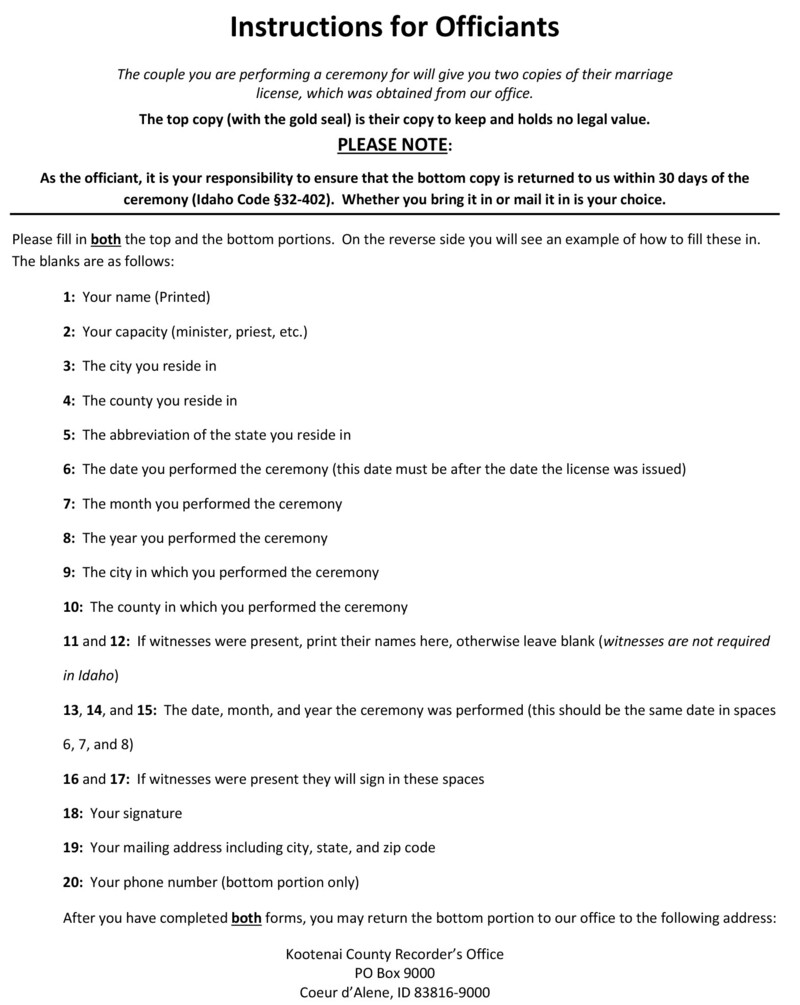 Idaho marriage license numbered instructions