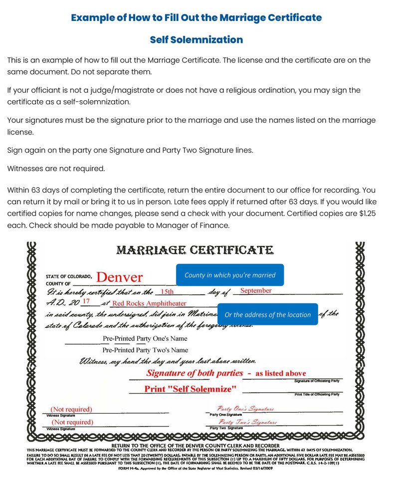 Sample provided by Denver county on how to fill out marriage license with labels
