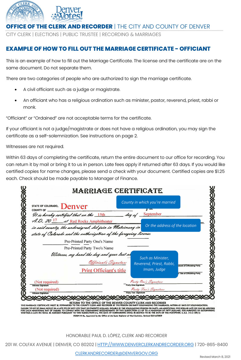 Sample Denver marriage license with instructions and labels from the clerk