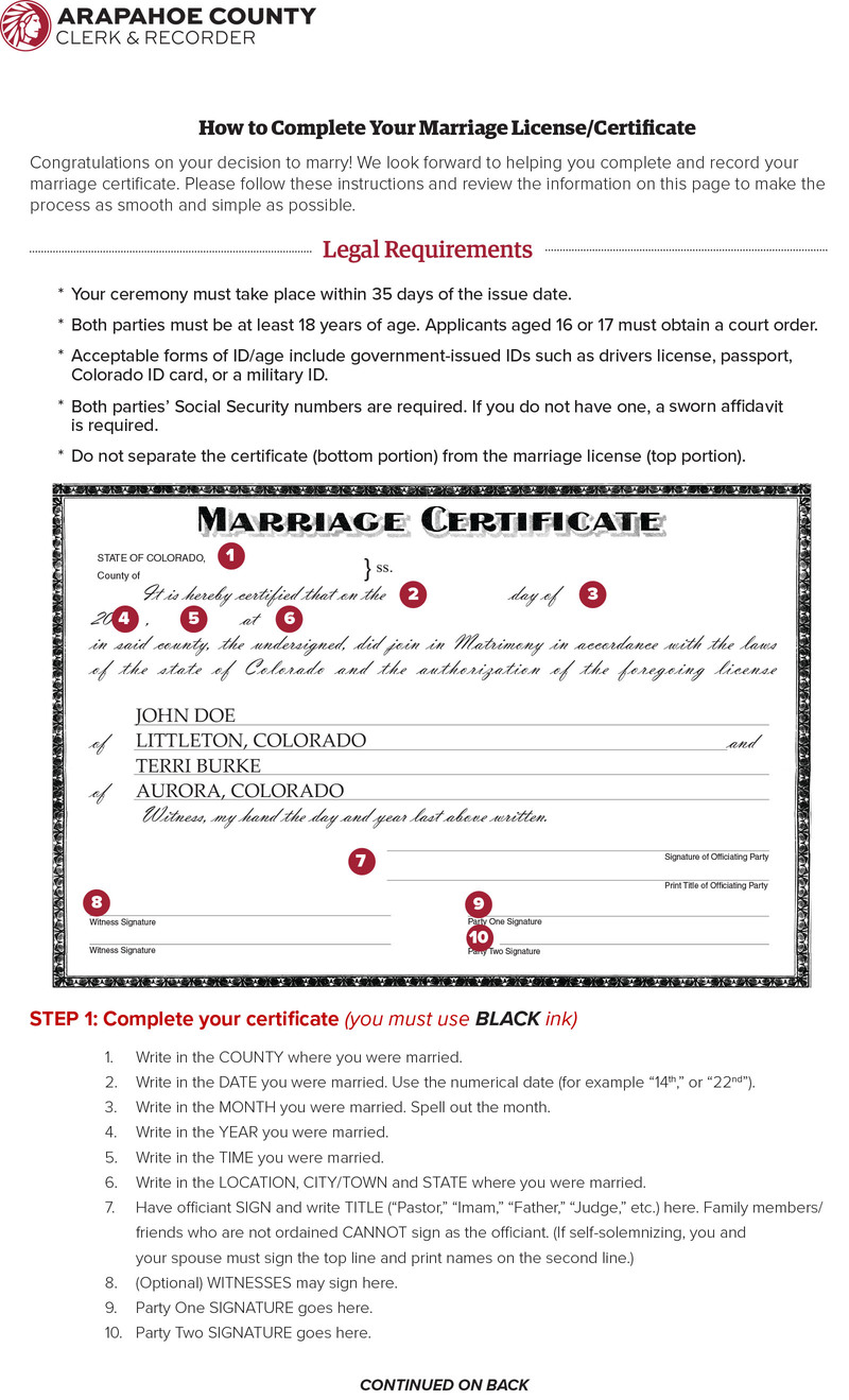 Sample license with instructions from Arapahoe County Clerk & Recorder Office