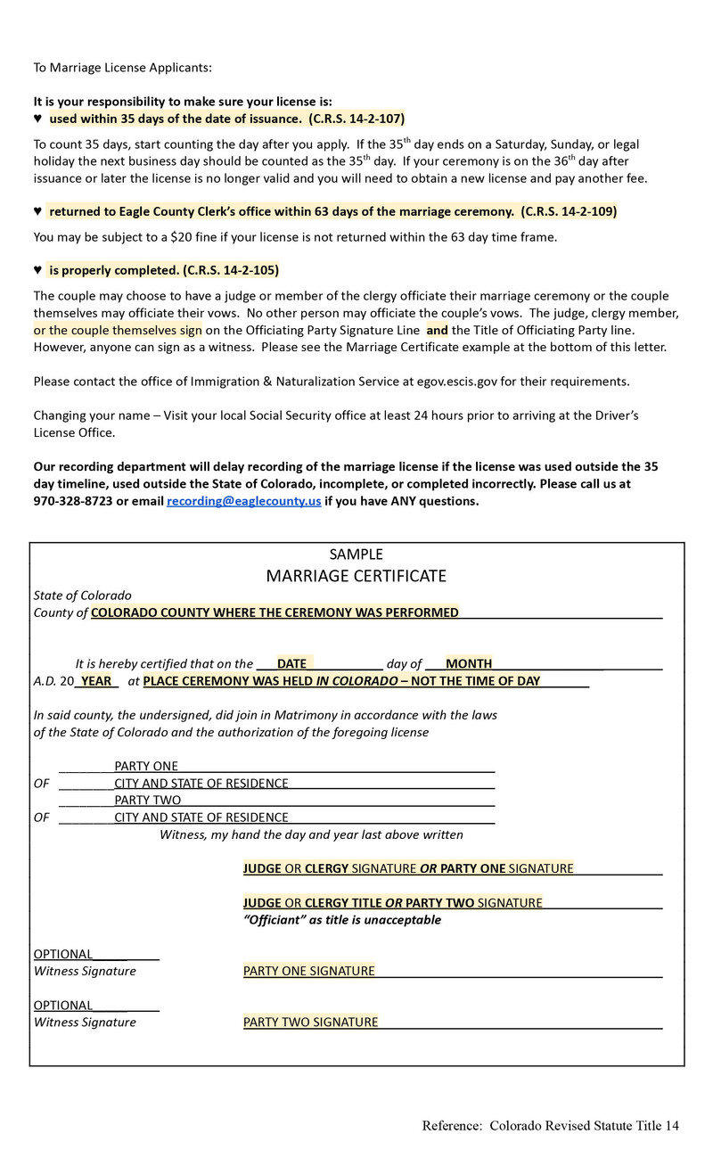 Eagle County marriage license instructions