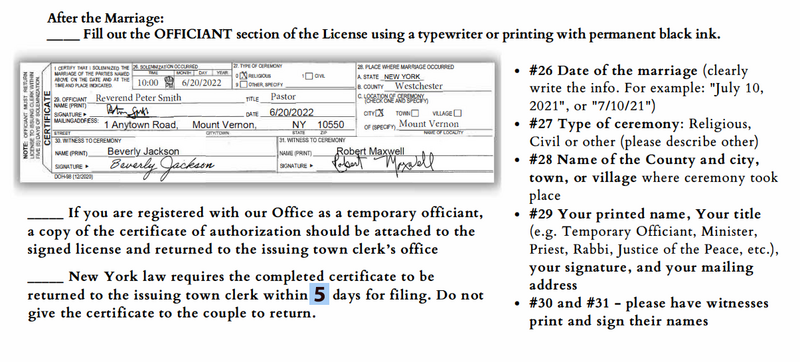 close up of the "officiant" portion on the NY marriage license, provided by the clerk's office