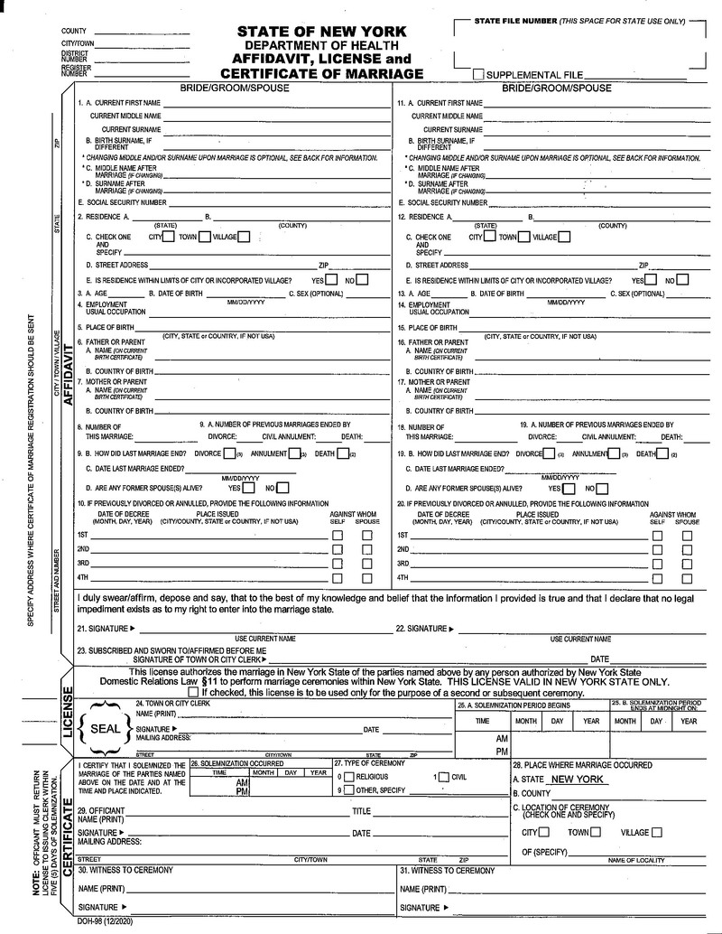 sample marriage license new york, mount pleasant