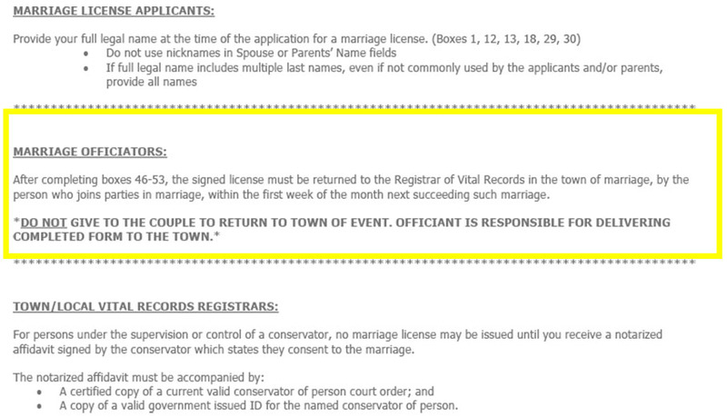 written instructions for CT Marriage Officiators from the clerk 