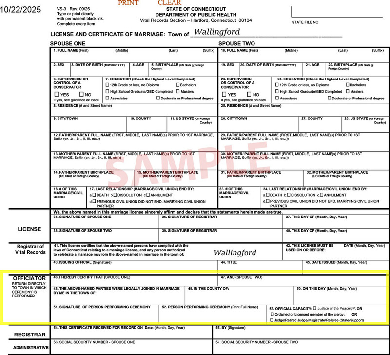 Sample CT marriage license, officiator section in yellow