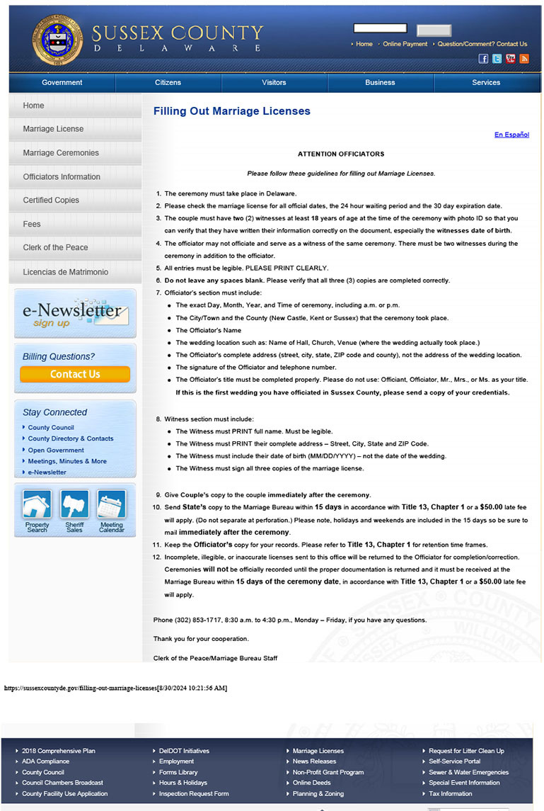 Instructions for the wedding Officiator, Sussex County Delaware Marriage License