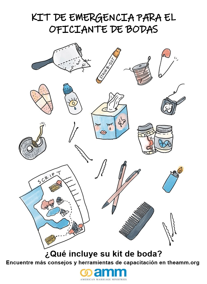  Lista de verificación ilustrada e imprimible para un kit de emergencia para oficiantes de bodas, dibujada por Jessica Levey.