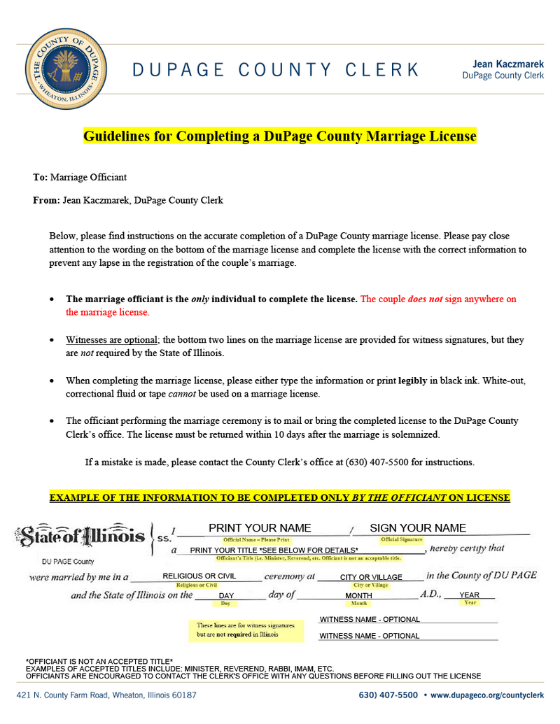 Illinois marriage license example, DuPage