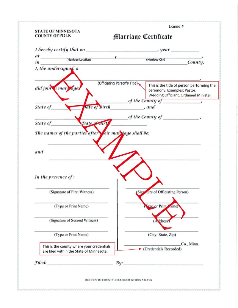 Marriage Certificate MN example (page 2, sent to the county registrar, recorder, etc.)