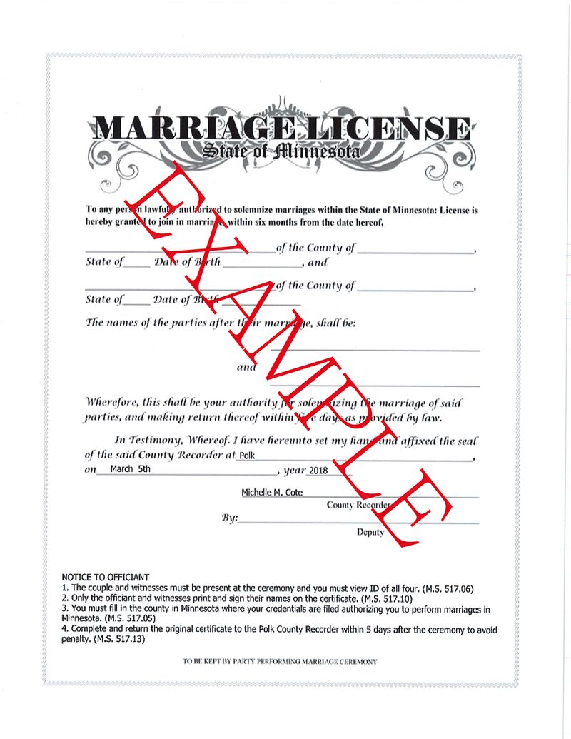 Marriage License MN example (the first page, saved for records)