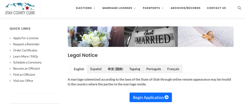 Screenshot of the Legal Notice on Utah County's online marriage license application page