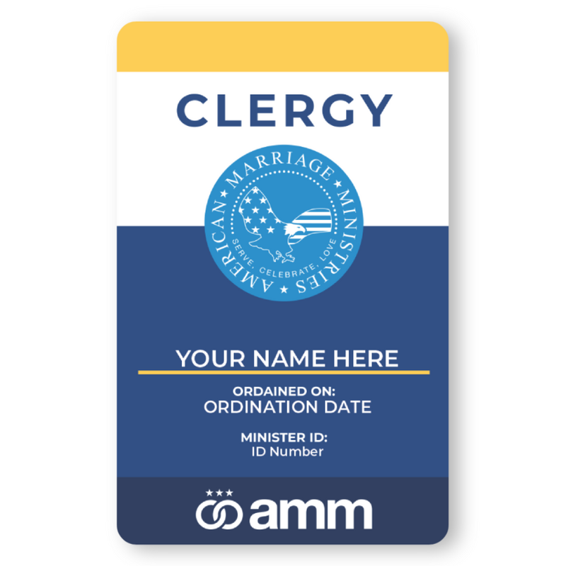 Product photo of AMM Clergy badge, with minister name and details