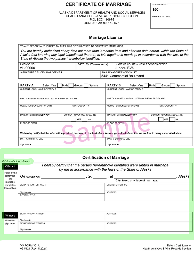 Sample Marriage License Alaska instructions for the officiant