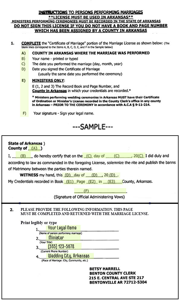 Instructions for wedding officiant Benton County, with a sample marriage license for officiants to fill out