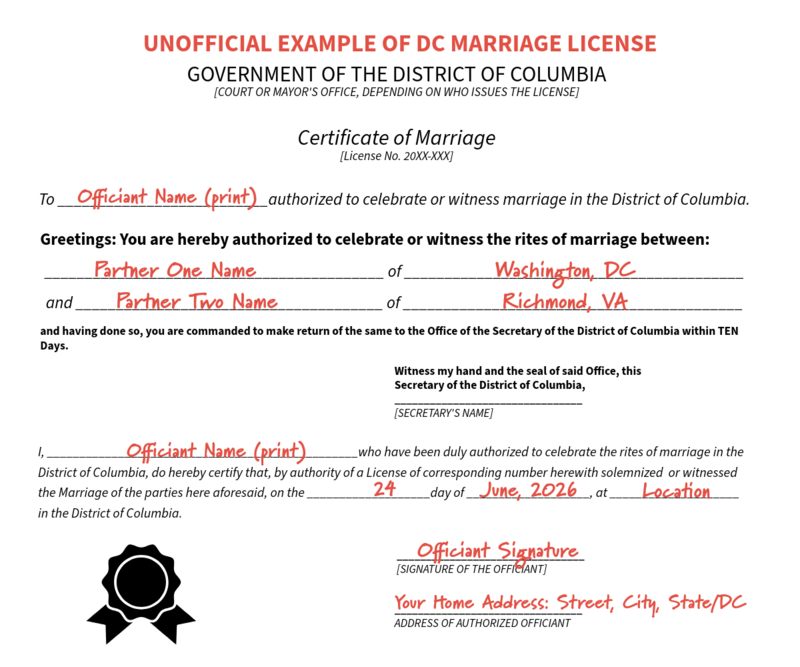filled form dc marriage license, officiant signature example