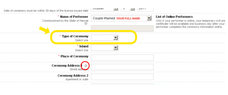 Screenshot from HDOH webinar slideshow, showing field for performer to enter "type of ceremony"