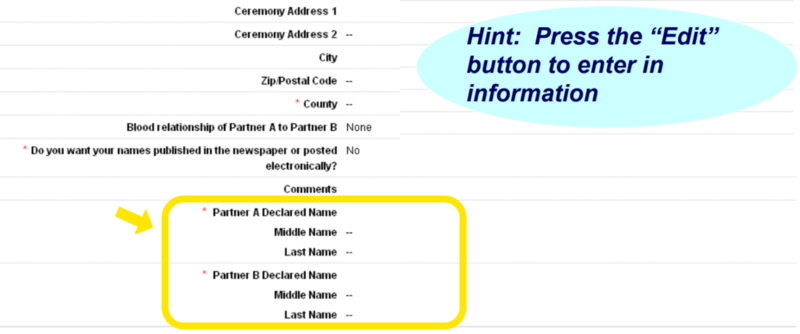 Screenshot from HDOH webinar slideshow, showing field for performer to enter couple's declared names