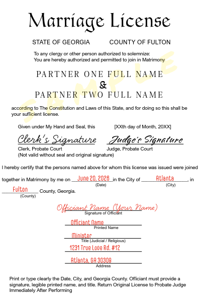 A sample Georgia marriage license from Fulton County