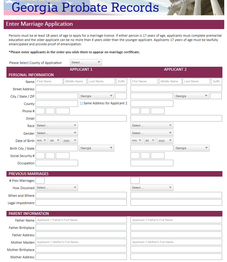 Screenshot of the Georgia marriage license application portal / electronic application system