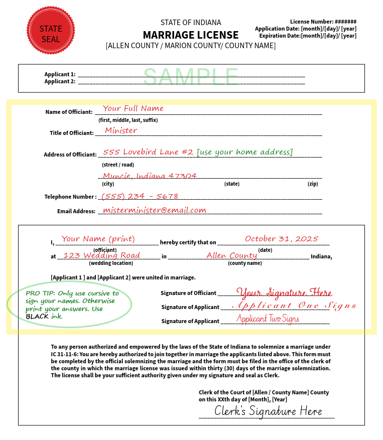 Recreated sample Indiana marriage license, based on Marion County form, shows blanks for officiant to enter name, title, address, and signatures.