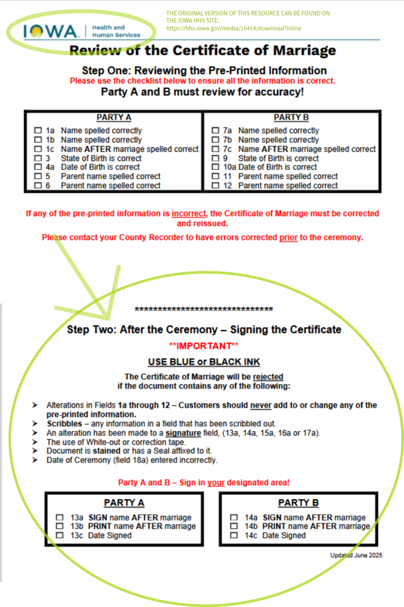 a marked up copy of the "review of certificate of marriage" checklist, which shows the couple what to verify on the document before they submit it