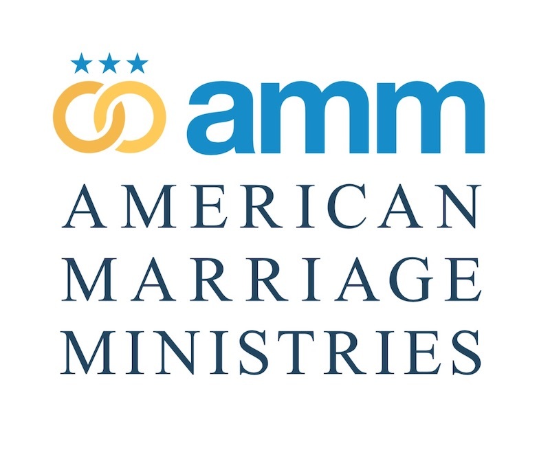 image is of the American Marriage Ministries AMM logo, showing gold rings overlapping and three blue stars above, the text reads American Marriage Ministries in blue in front of a white background