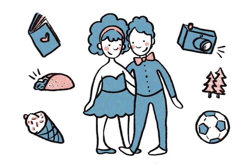 illustration of a couple and all of the shared activities they enjoy, to incorporate in a wedding ceremony by officiant