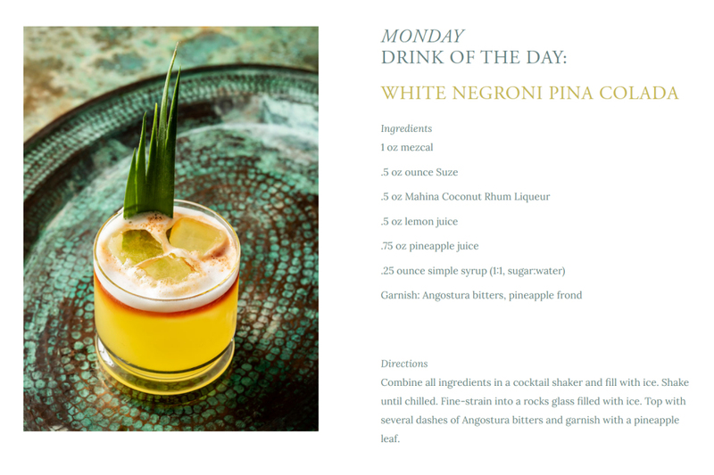 Drink recipe for White Negroni Pina Colada including mezcal, suze, coconut rum, lemon, pineapple, and bitters