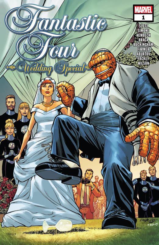 The Thing, Ben Grimm, marries Alicia Masters in this comic book, the cover is of the two of them holding hands and celebrating at their Jewish wedding ceremony in a suit and dress