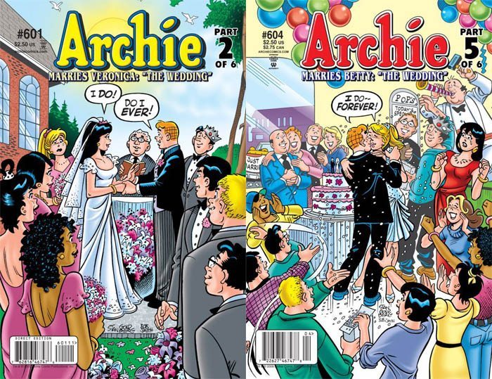 Side by side comic book covers of Archie issues 601 and 604 when he marries Veronica and then Betty in two fantasy weddings