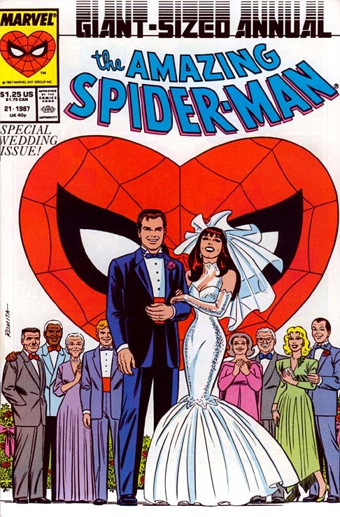 the amazing spiderman #21 comic book cover from 1987 with Peter Parker marrying Mary Jane at their wedding