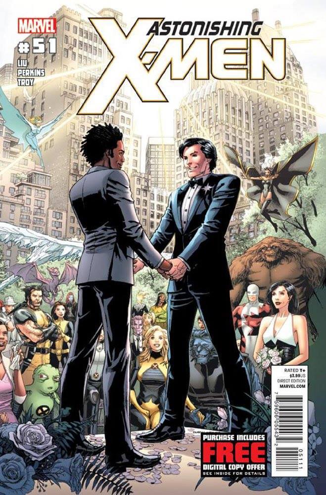 XMen wedding with Northstar and Kyle in a city landscape, this was the comic book cover and the first mainstream gay wedding in comics, LGBTQ+ and interracial