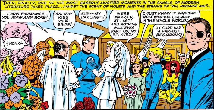 Image of Marvel 60th anniversary teaser with Doctor Doom and his Bride of Doom surrounded by other Marvel characters at a wedding