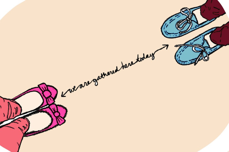 illustration of two pairs of feet facing each other with an arrow drawn between that says We Are Gathered Here Today, to represent social distancing