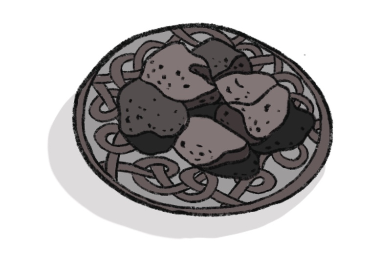 illustration of hearth stones used in a Wiccan or Pagan wedding or Year and a Day ceremony, gray stones in a gray bowl with Celtic knot work