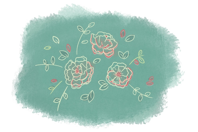 illustration of line drawn flowers and leaves in front of a green watercolor background to celebrate eco-friendly events
