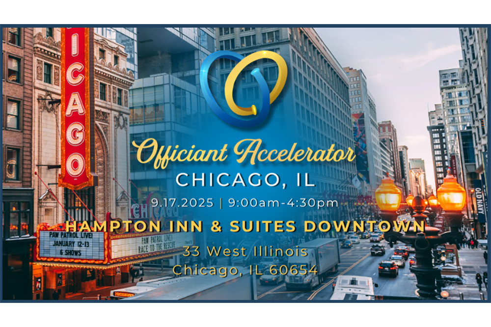 Graphic shows Chicago city scene, plus info about the Officiant Accelerator event on Sept 17, 2025