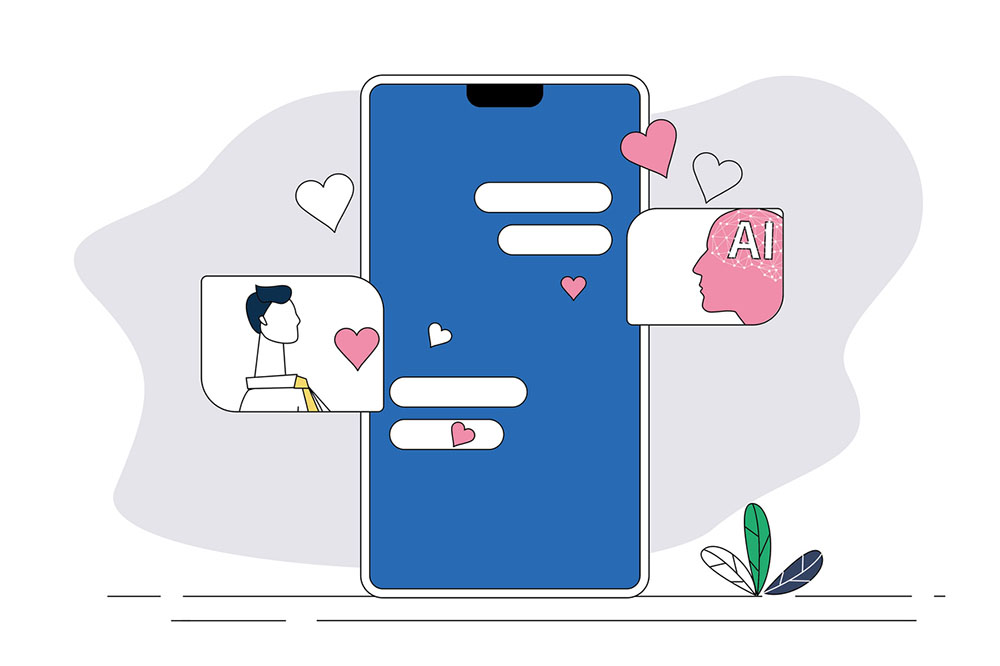 stylized illustration showing romance between human and an AI companion