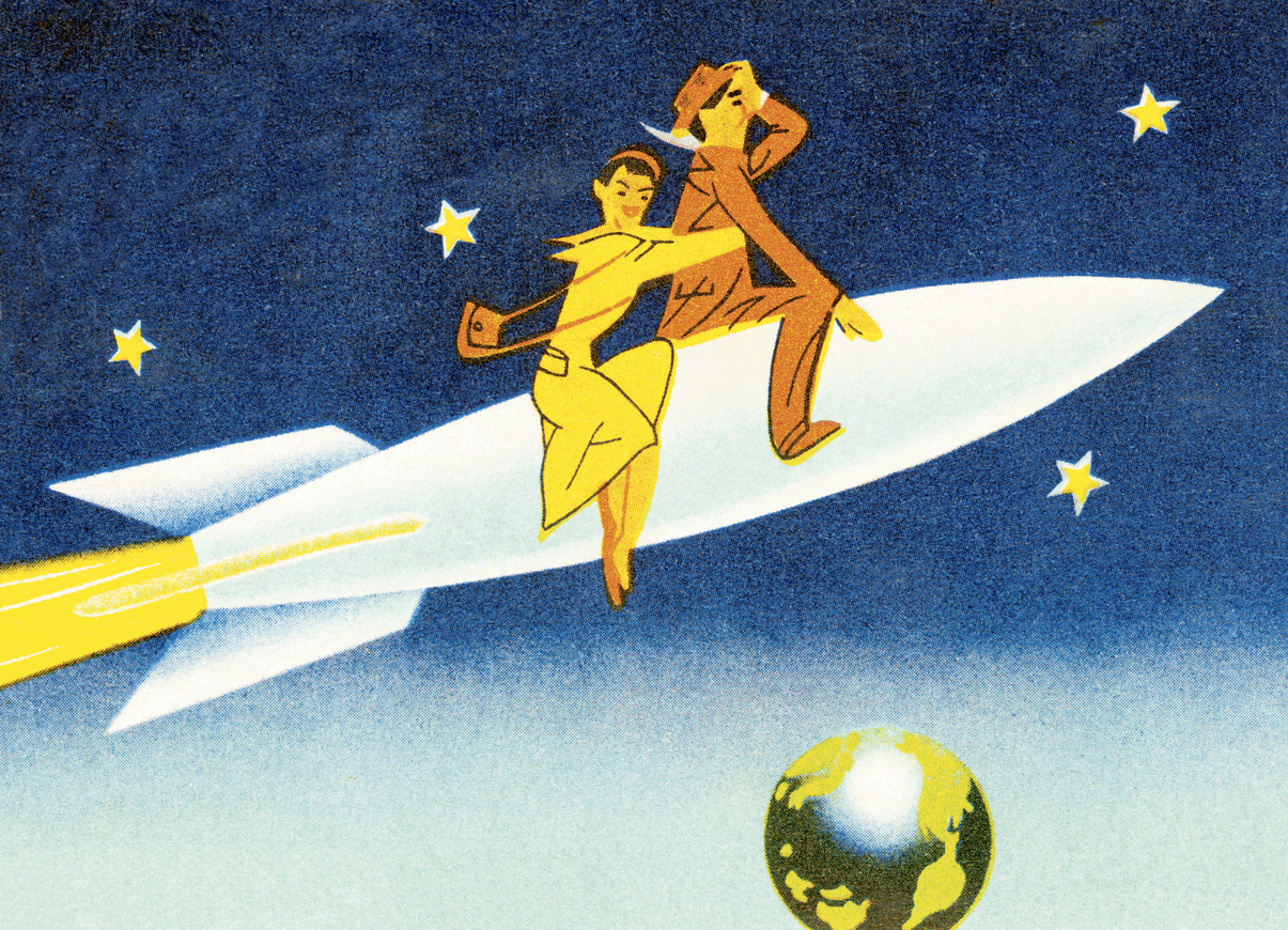 Stylized illustration of a couple riding a rocket in space with earth in the distance