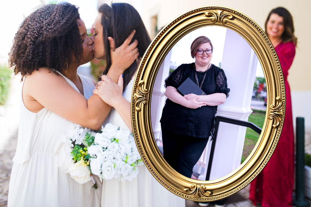 Brides kiss at the end of a wedding ceremony with friends and family, photo of Officiant Wasson overlay
