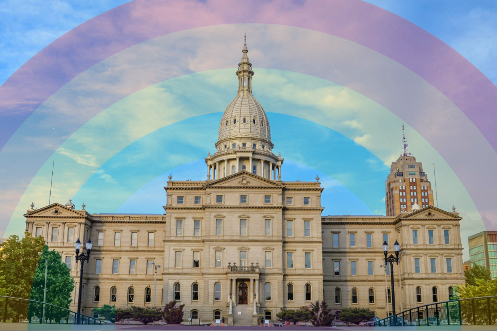 Composite image shows the Michigan state capital building in Lansing with a rainbow behind it, symbolizing LGBTQ+ marriage rights