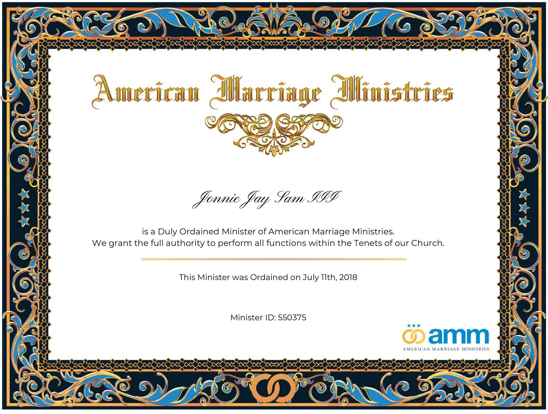 Jonnie Jay Sam III Officiant Profile American Marriage