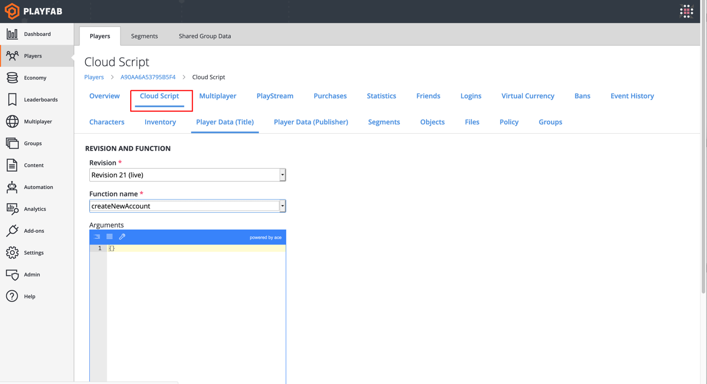 CloudScript tab CloudScript tab