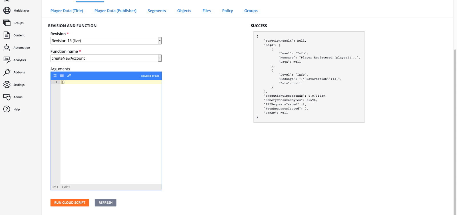 CloudScript test response CloudScript test response