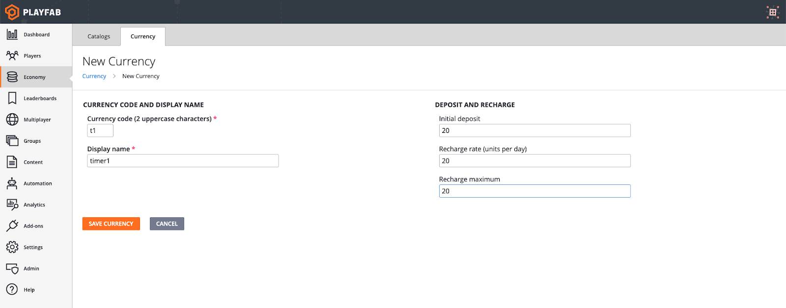 Creating a new virtual currency in PlayFab Creating a new virtual currency in PlayFab
