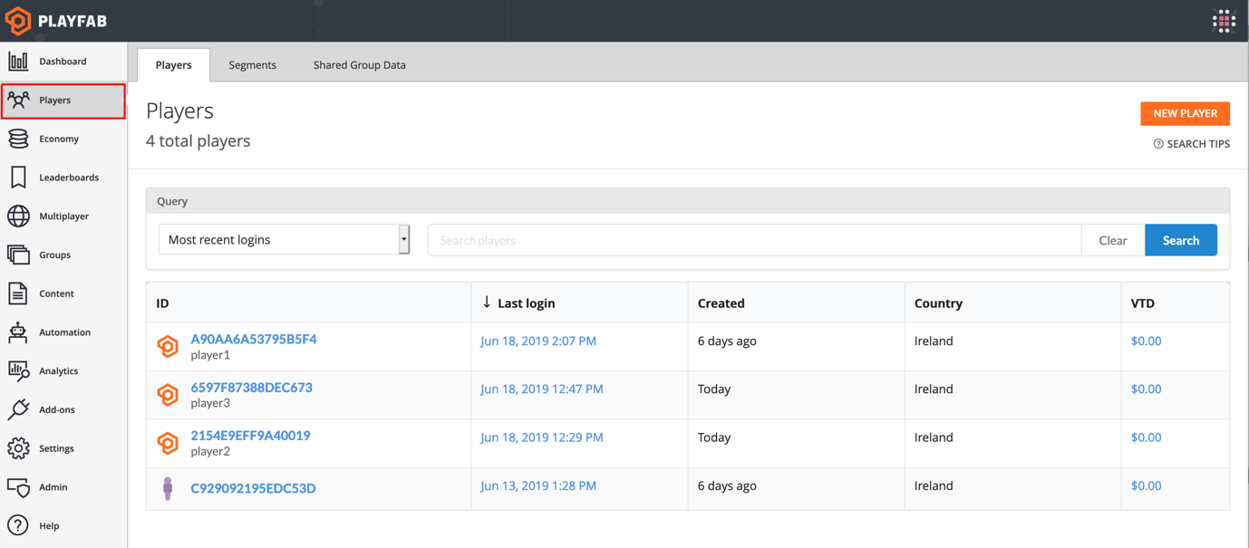 Player list in PlayFab Player list in PlayFab