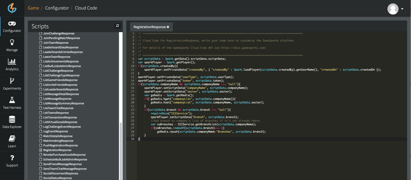 Example player registration script in GameSparks Example player registration script in GameSparks